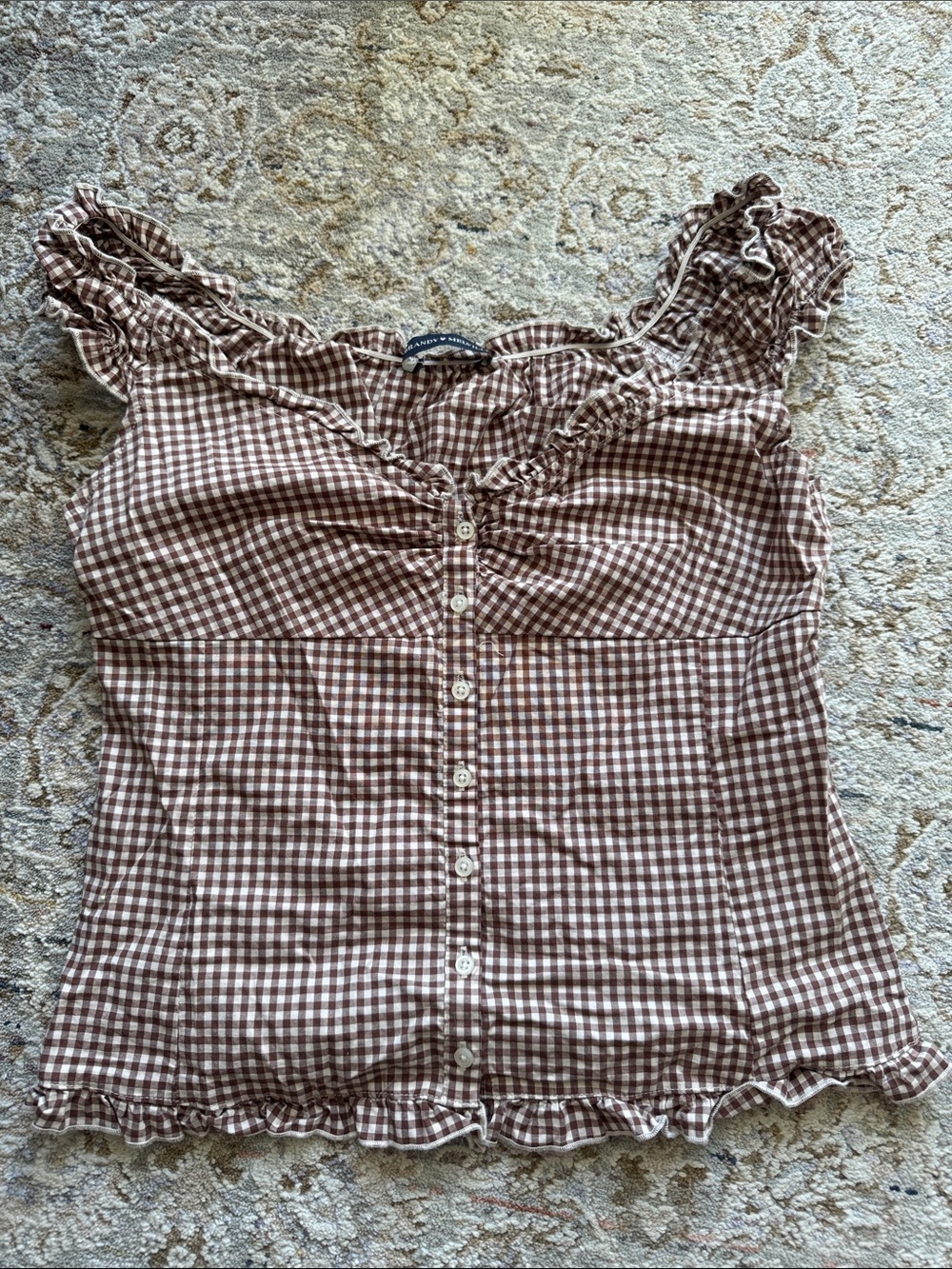 Brandy Melville Brown Gingham Ruffle Button Tank